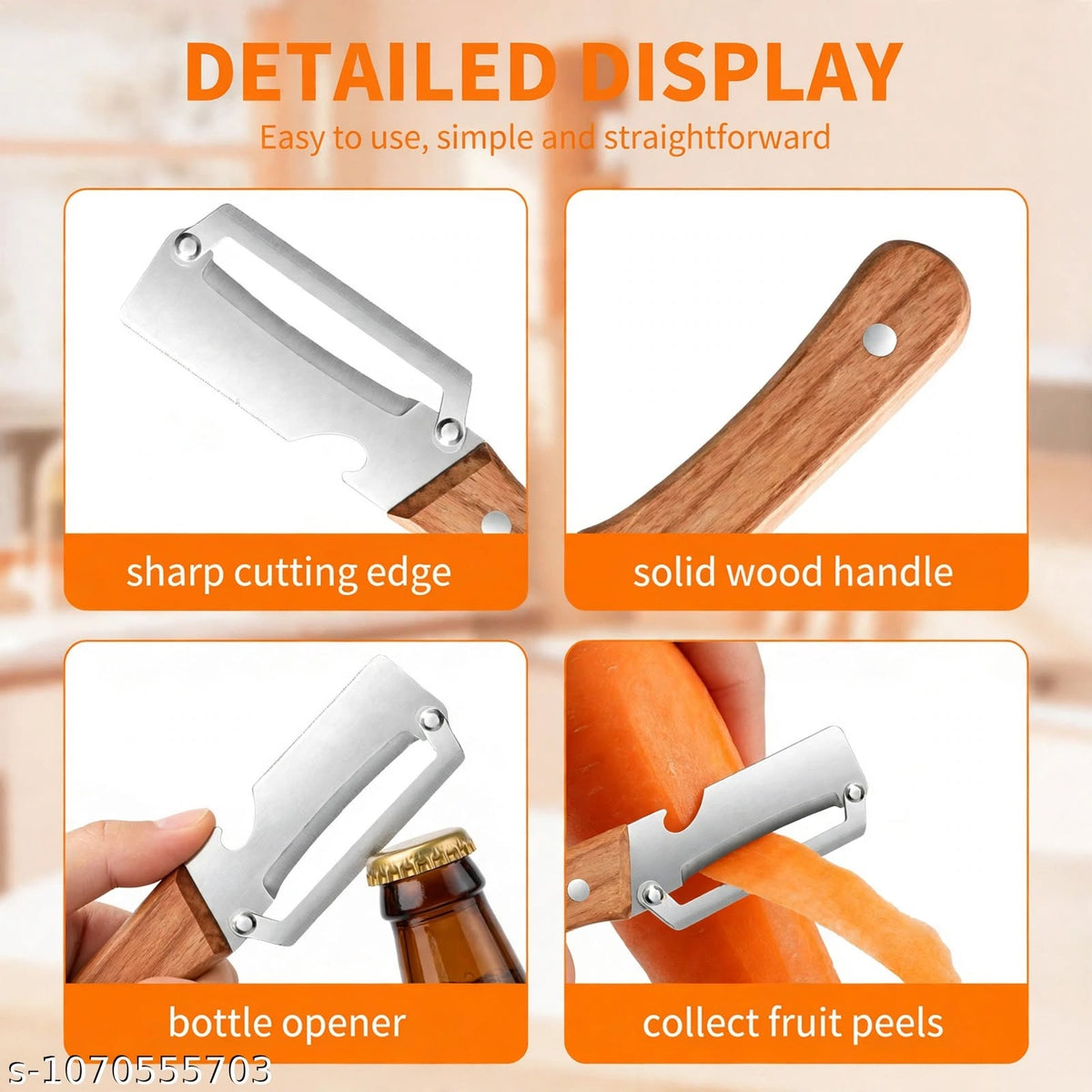 PeelMate 3-in-1 Wooden Peeler, Shredder & Bottle Opener