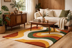 Retro Groove – 70s Wavy Hand-Tufted Wool Rug in Mustard, Terracotta & Forest Green