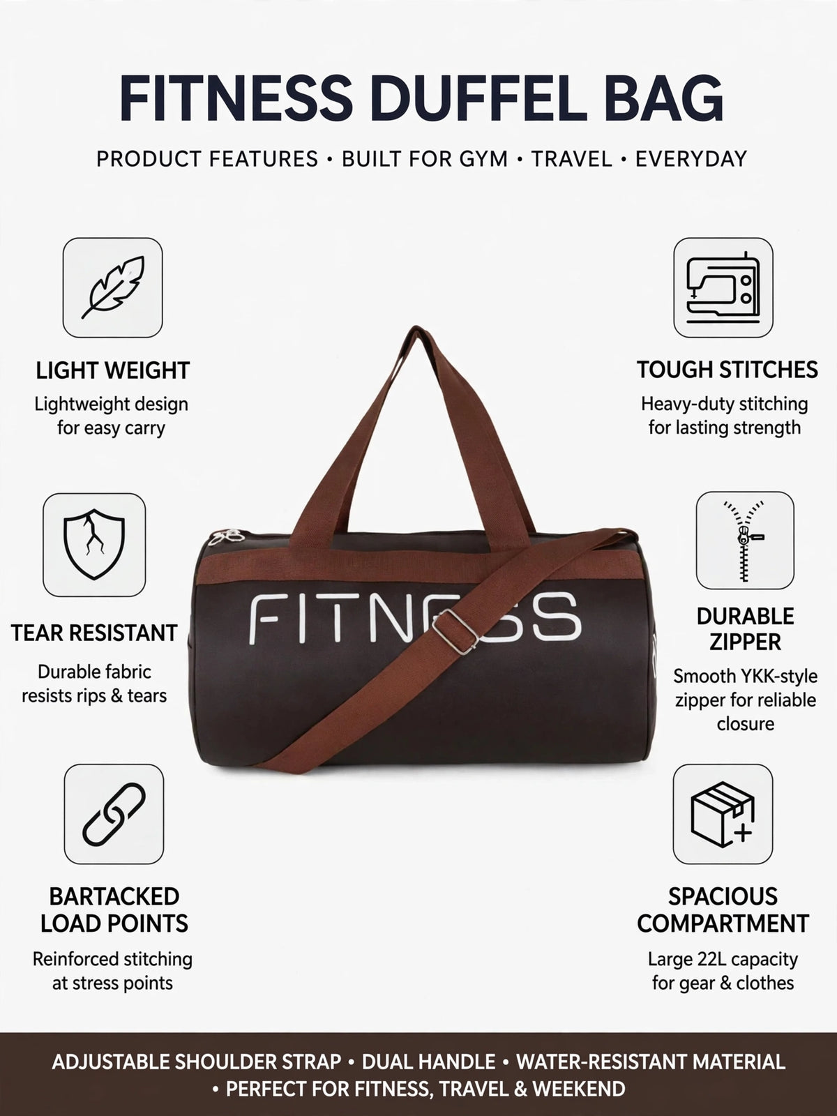 Anchor FITNESS Gym Duffel Bag - Waterproof, Lightweight, Large Capacity | For Gym, Travel, Sports & Yoga